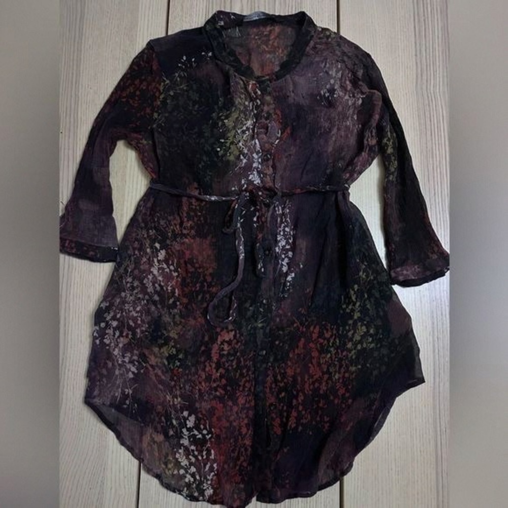Peruvian Connection Sheer Floral Tie-Neck Tunic in Plum, Olive and Rust